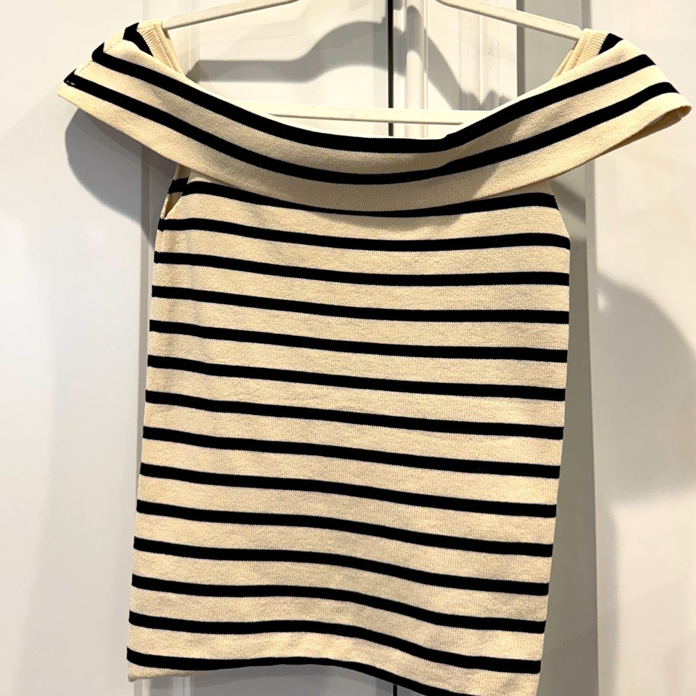 Zara Off-Shoulder Sweater in Black and Cream Stripes